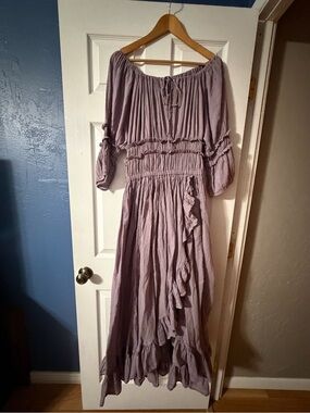 Laurence Bras Cotton Gauze Off Shoulder Smocked Ruffle Dress FR 4 Mauve.